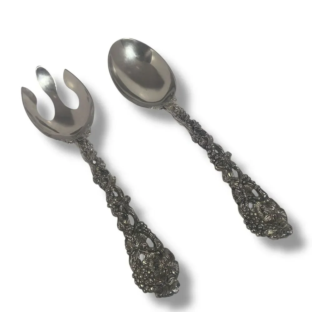Godinger Silverplated Serving Spoon & Fork Set Ornate Grapevine Handle Vintage